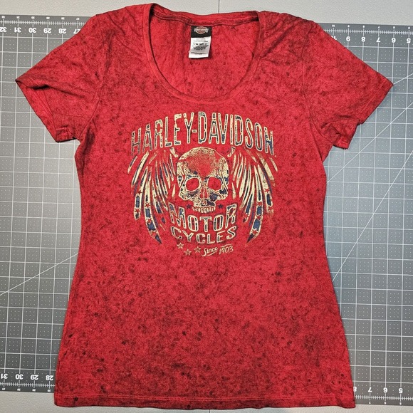 Harley Davidson Tshirt Womens Medium Orlando Red Skull Wings Biker Angel Sexy - Picture 1 of 8